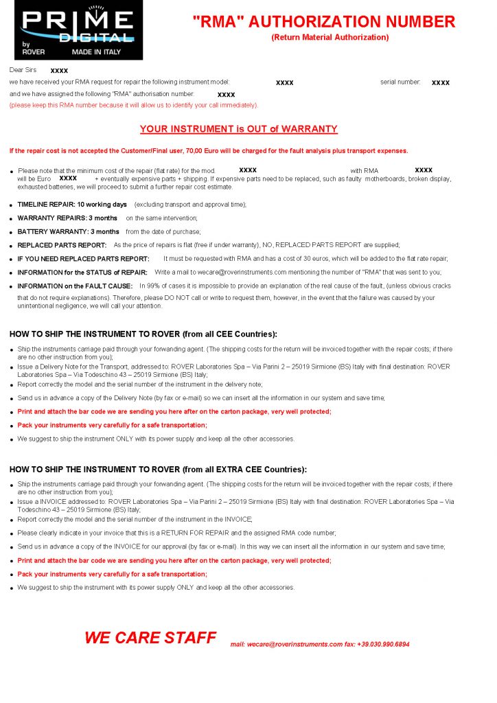 PRIME DIGITAL FAC SIMILE RMA authorization number OUT of WARRANTY 05-16