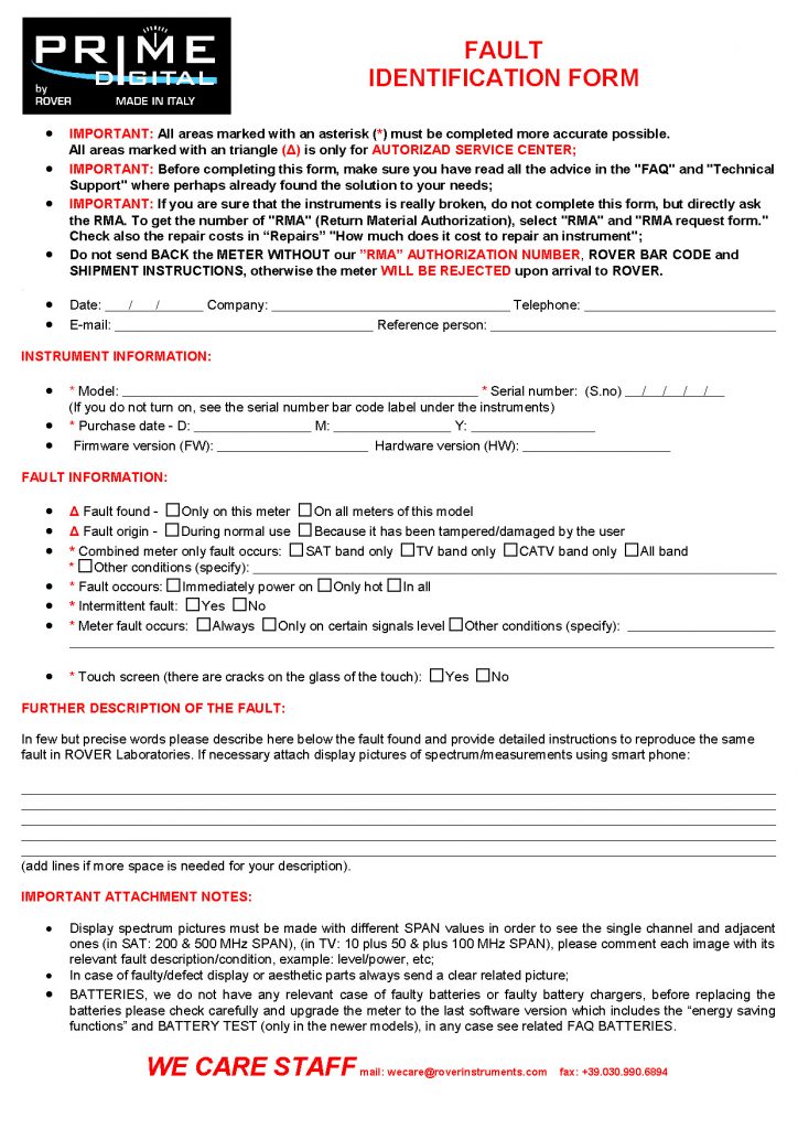 PRIME DIGITAL Fault identification form 04-15