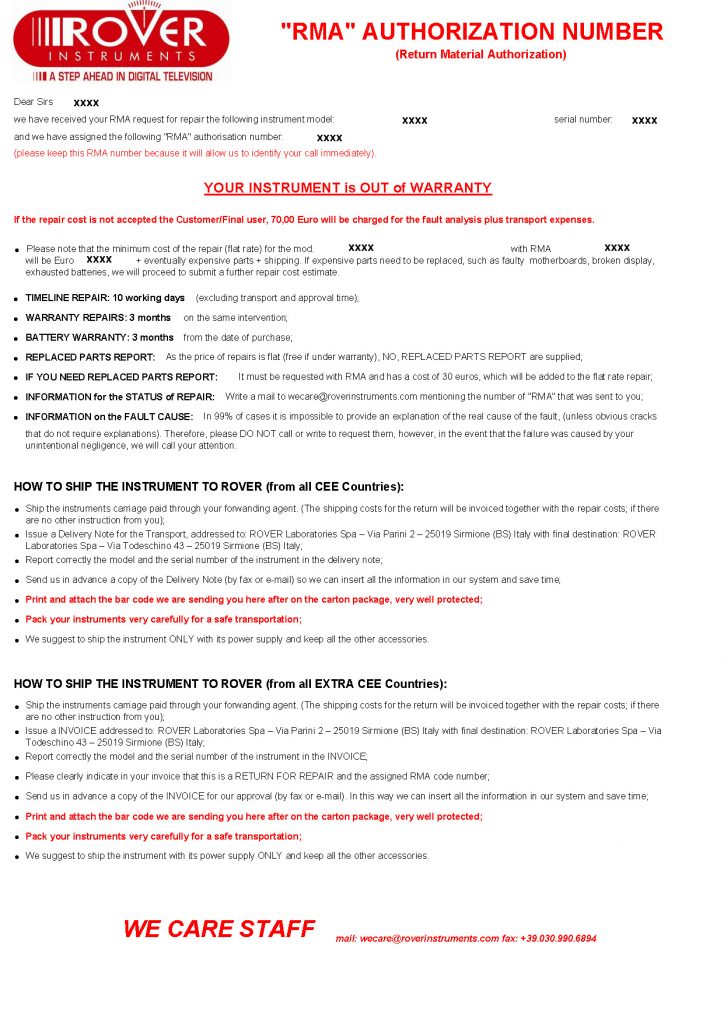 ROVER FAC SIMILE RMA authorization number OUT of WARRANTY 05-16