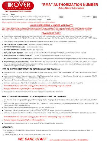 ROVER FAC SIMILE RMA authorization number UNDER WARRANTY 06-16