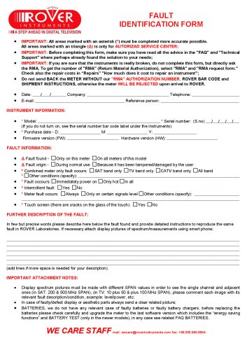 ROVER Fault identification form 04-15