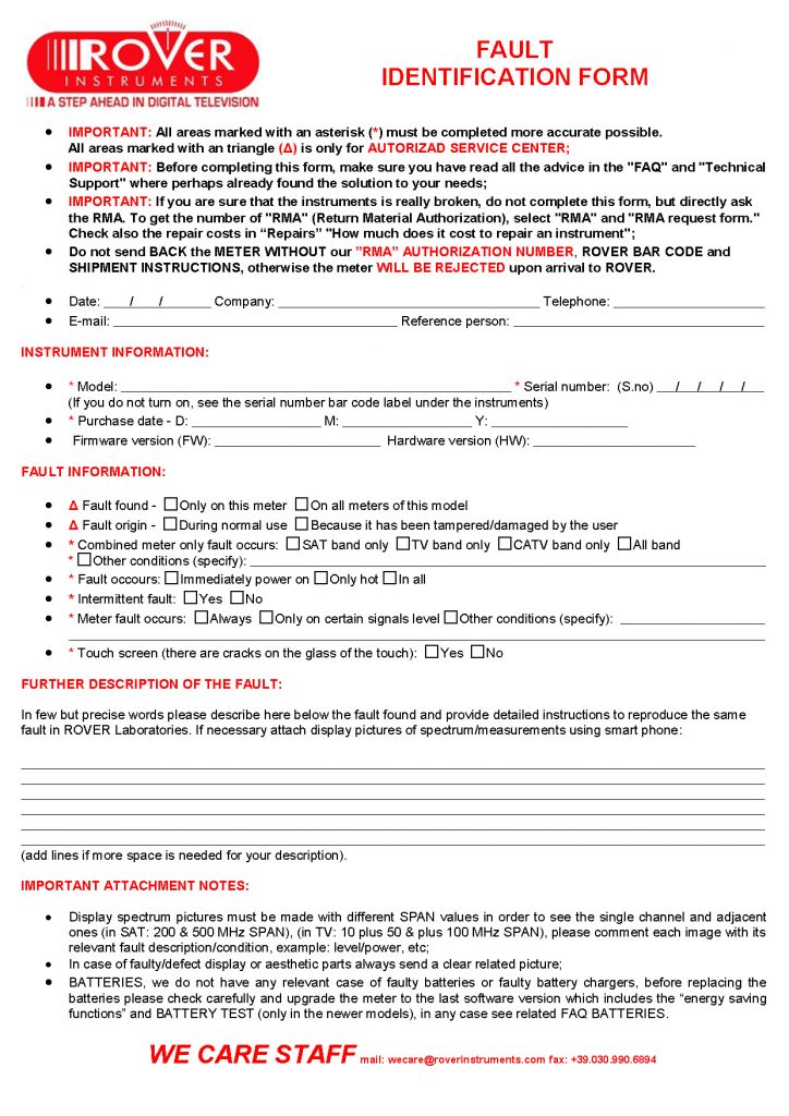 ROVER Fault identification form 04-15