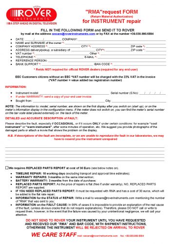ROVER RMA request FORM for ROVER instruments repair 05-16