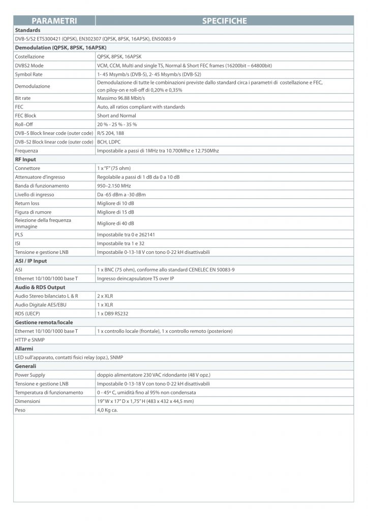 ROVER Broadcast & Cable RSR-100 Parametri Specifiche IT v4